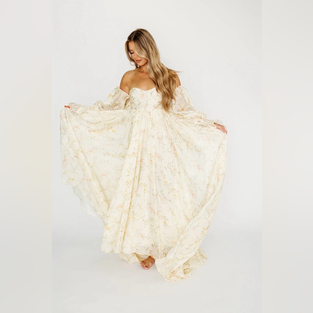 Worth Collective Delilah Maxi Dress With Train in Cream Floral - Bump Friendly